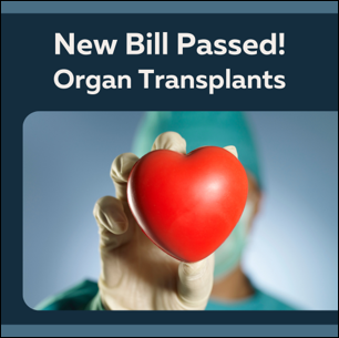 New bill passed! Organ Transplants. Doctor in surgical mask holds up a red heart-shaped object.